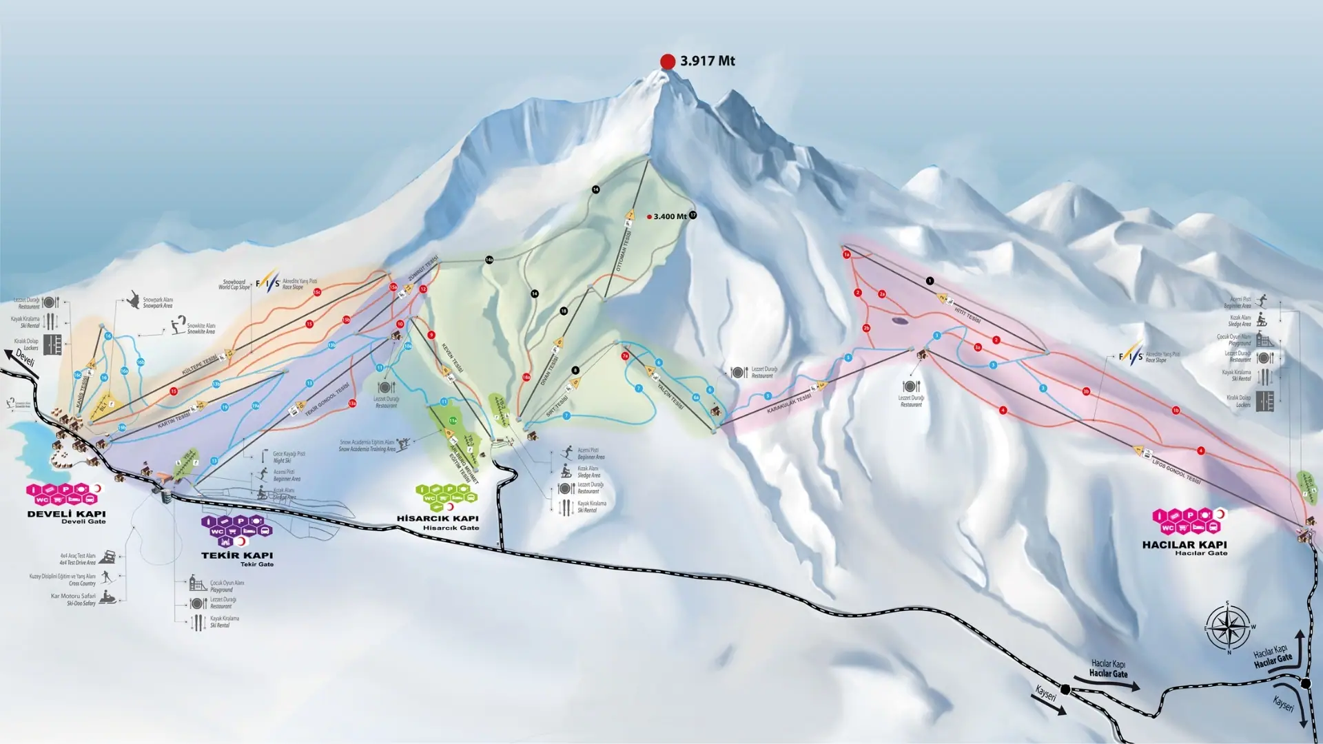 Kayseri Erciyes Dağı açık olan kayak pistleri ve çalışan mekanik tesisler